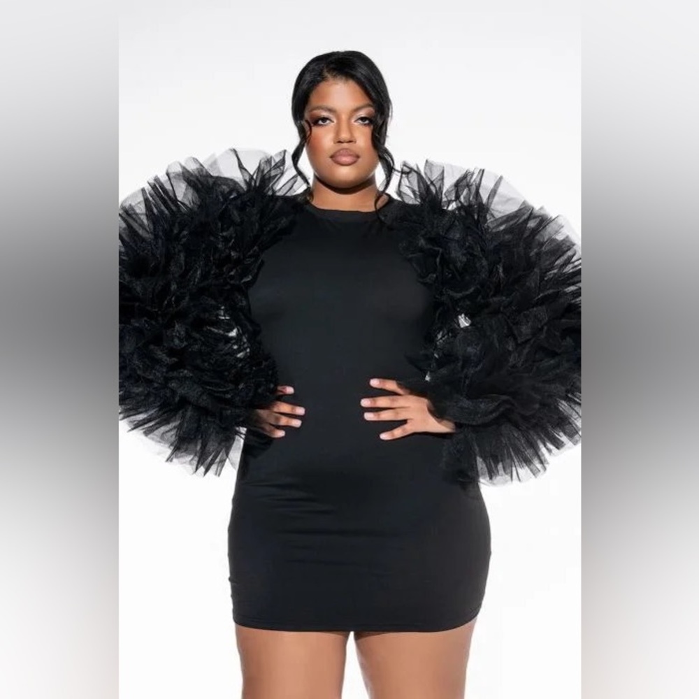 Shop Akira black tulle sleeve dress